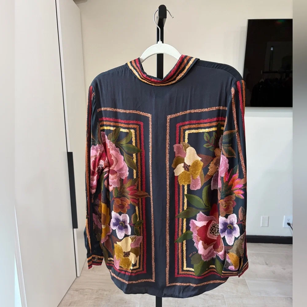 Farm Rio: Farm Rio Black Chenille Flowers Shirt - Picture 10 of 15